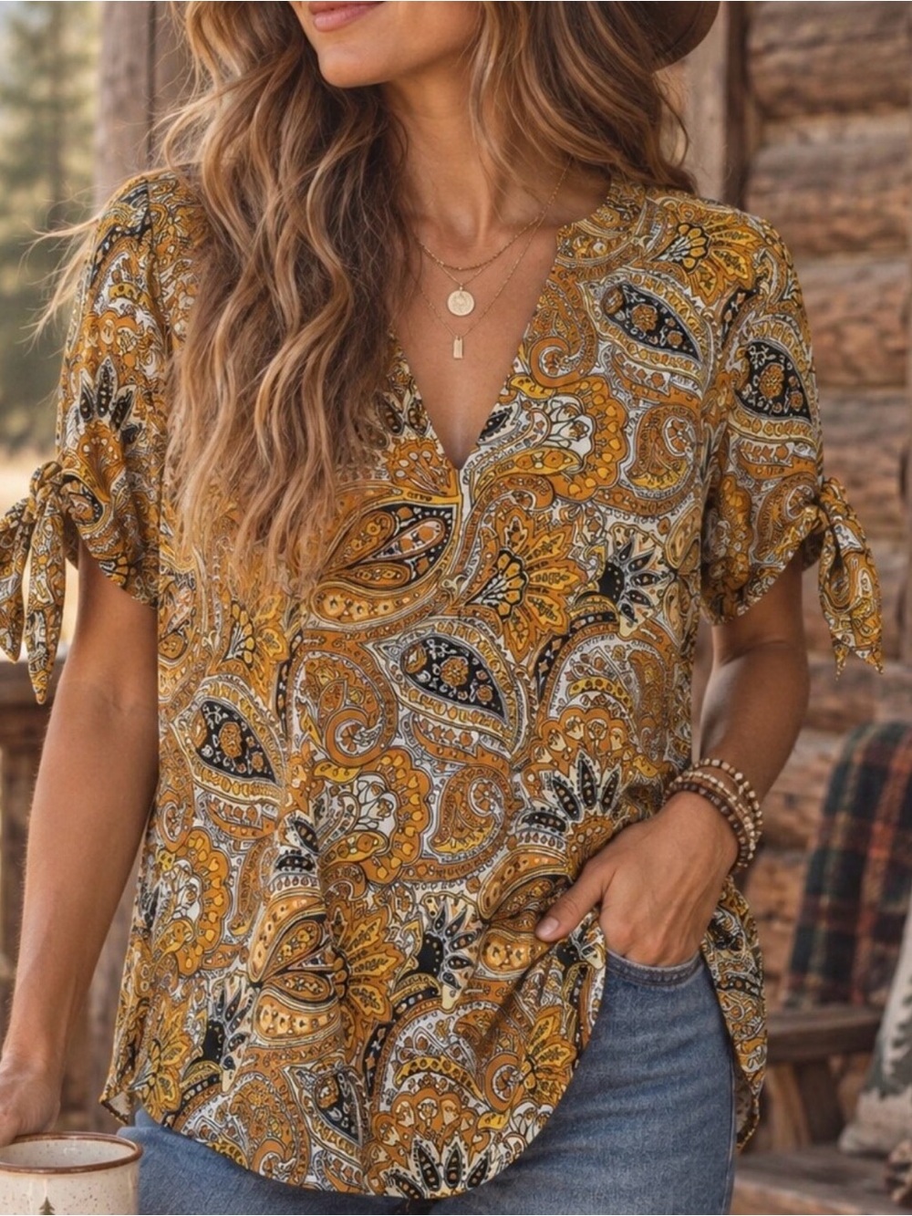 Michael Kors Mustard Paisley V-Neck Tie-Sleeve Blouse 🍂